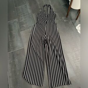 Forever 21 Backless Halter Neck Jumpsuit, Black and White Striped, Size S